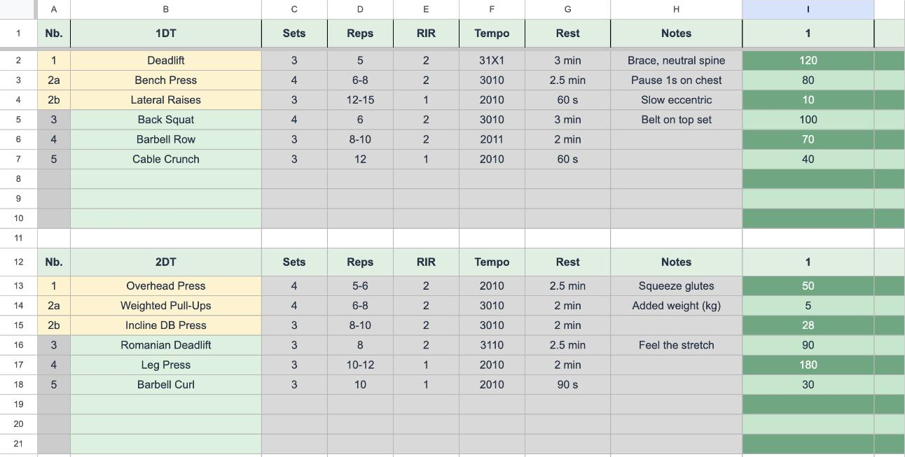 Your training plan: five days, with sets, reps, RIR, tempo, rest and notes on every exercise.