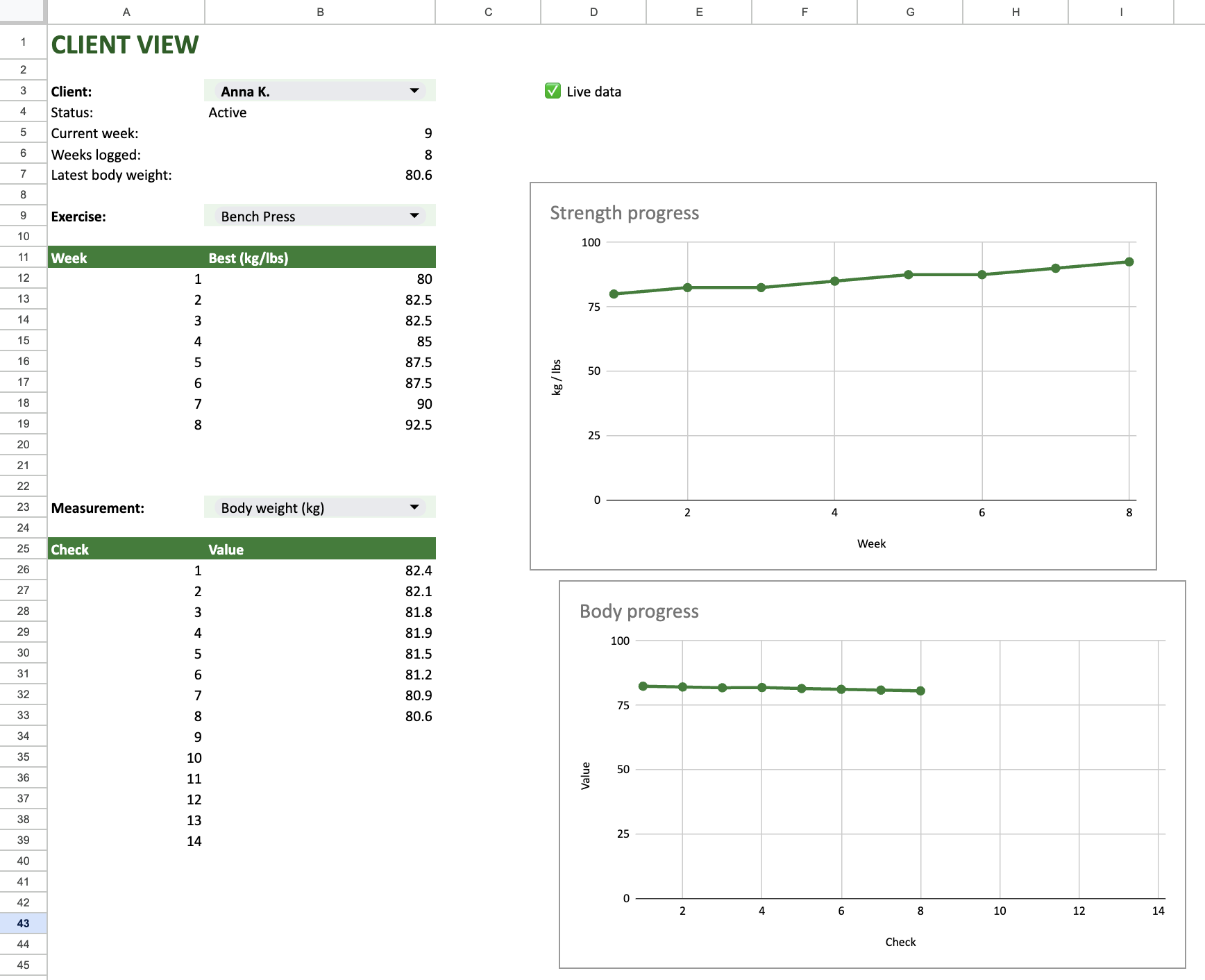 Client view: their logged sets and charts, read live out of their own sheet.