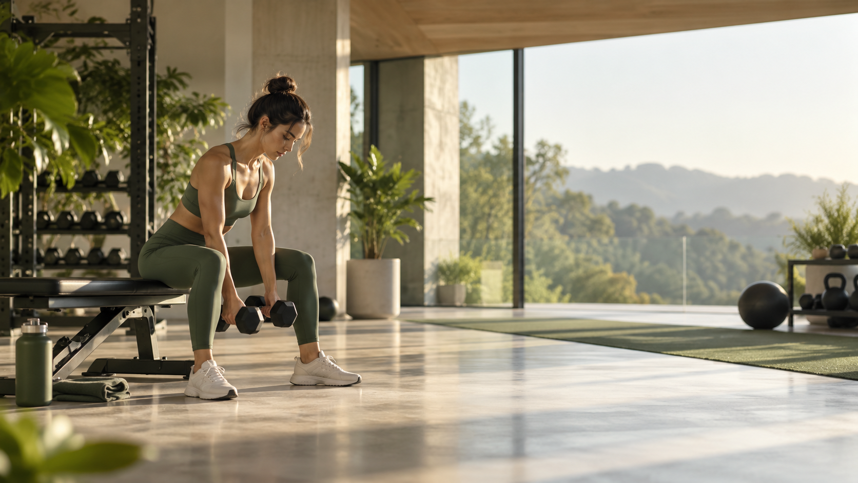 Lifter setting up for a dumbbell row in a sunlit gym